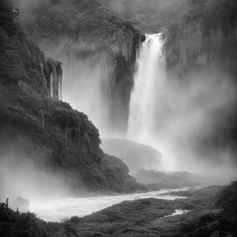 Image similar to dark and moody photo by ansel adams and wes anderson, a giant tall huge woman in an extremely long dress made out of waterfalls, standing inside a green mossy irish rocky scenic landscape, huge waterfall, volumetric lighting, backlit, atmospheric, fog, extremely windy, soft focus
