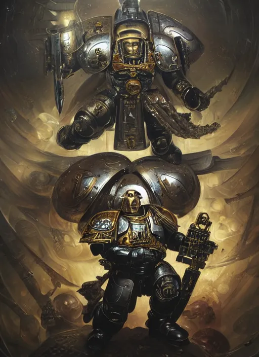 Image similar to metallic astartes horus heresy space marine physically accurate, moody dynamic lighting, very very intricate, very very elegant, highly detailed, digital painting, artstation, HR GIGER, Hieronymus Bosch, Francis Bacon, concept art, smooth, very beautiful, sharp focus, illustration, art by artgerm and greg rutkowski and alphonse mucha