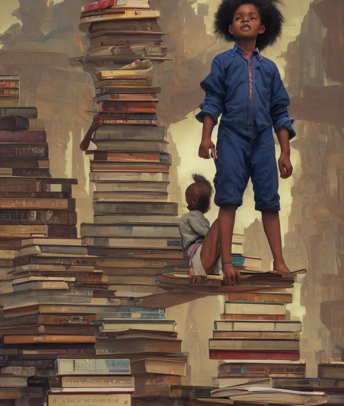 Prompt: portrait of an african - american child standing atop a stack of gigantic books in a grand library | art nouveau. sharp edges. ultra clear detailed. 8 k. octane render by artgerm, cushart krenz, greg rutkowski, mucha and norman rockwell