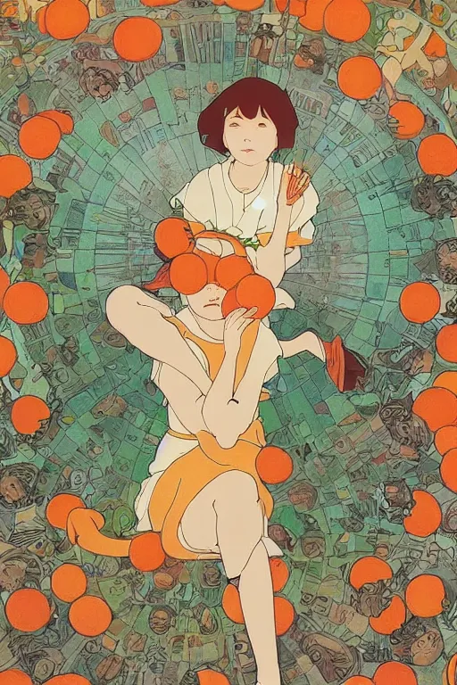 Prompt: a Girl in a sitting on the ground and Hands on knees and Slices of orange and microphones float around her ,Visual Communication Design by studio ghibli and mucha ,Refreshing colour