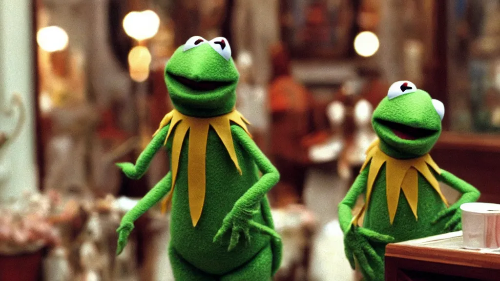 Prompt: “kermit the frog (The Muppets) in The Royal Tenenbaums (2001)”