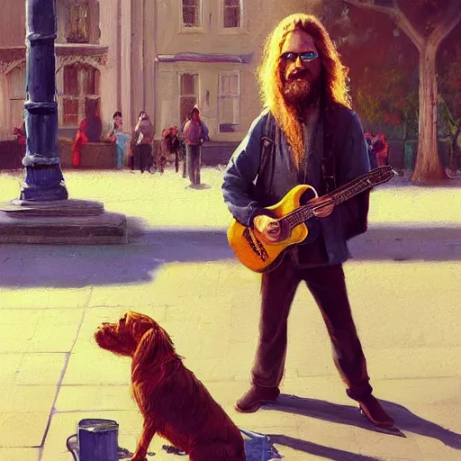 Image similar to oil painting of a young man with long hair blond and a beard hippie style with his golden retrever dog playing guitar in the square for money, people watching around, by greg rutkowski, artstation