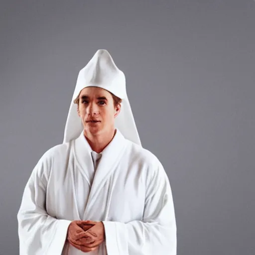 Image similar to anthropomorphic egg benedict wearing white robes