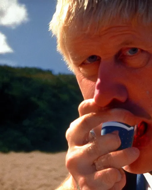 Image similar to film still close - up shot of boris johnson drinking a beer on the beach from the movie monty python's the meaning of life. photographic, photography