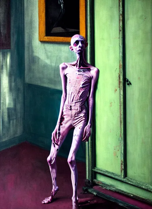 Image similar to an insane, skinny, artist wearing dirty, torn overalls, expressive painting the walls inside a grand messy studio, depth of field, hauntingly surreal, highly detailed painting by francis bacon, edward hopper, adrian ghenie, glenn brown, soft light 4 k in pink, green and blue colour palette, cinematic composition, unreal engine,