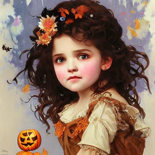 Image similar to a cute happy little girl with light brown wavy curly hair and blue eyes sitting amidst piles of halloween decorations. beautiful cute highly detailed face. halloween themed painting by artgerm and greg rutkowski and alphonse mucha.