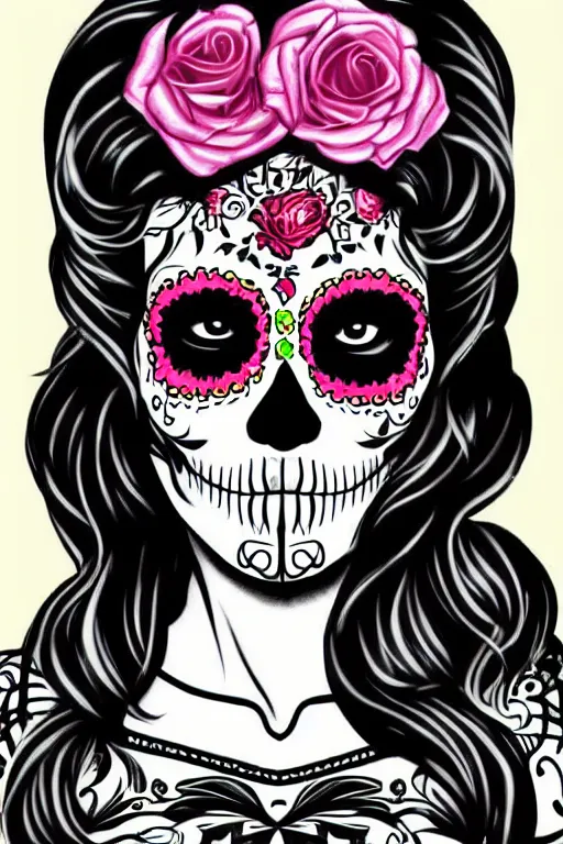 Image similar to illustration of a sugar skull day of the dead girl, art by jerry collins