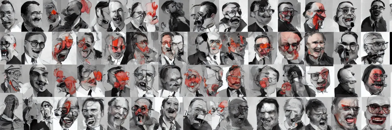 Prompt: colored character face study of mike patton and adolf hitler smiling, clear, evil, glasses, happy, character sheet, fine details, concept design, contrast, kim jung gi, da vinci and francis bacon, trending on artstation, 8 k, 3 6 0 head, turnaround, front view, back view, ultra wide angle