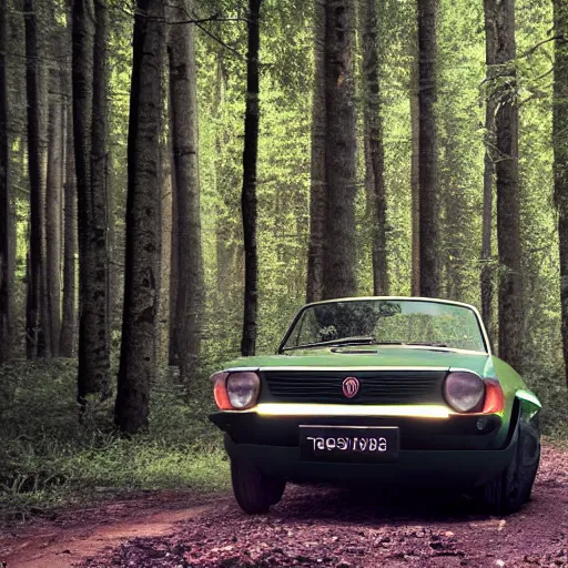 Prompt: fiat 1 2 4 in the dark forest, night, headlights on