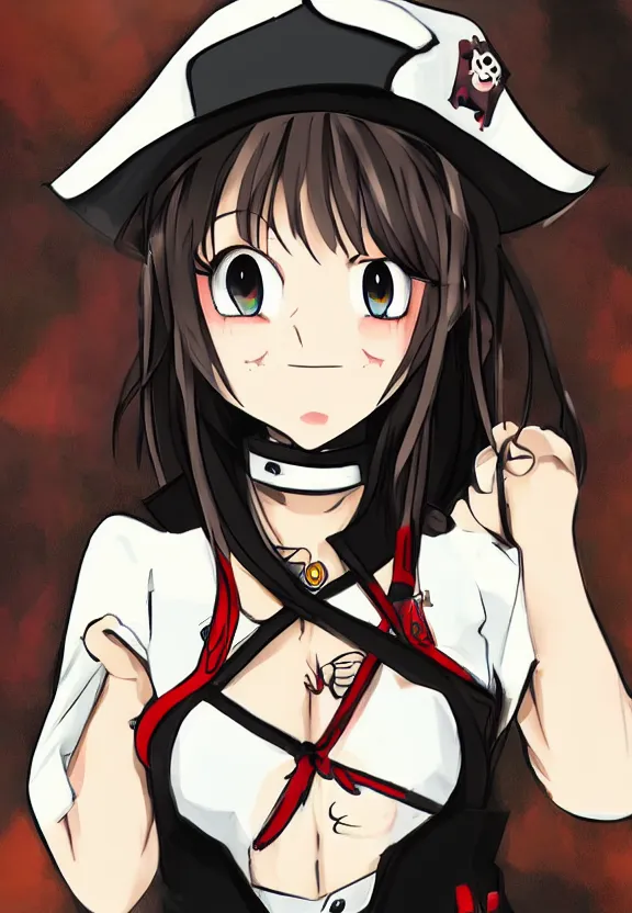 Prompt: wide angle portrait of a female pirate, a cute uniform, somewhat of an anime in noir style, trending artwork, made with anime painter studio, by noir and an anime artist, collaboration