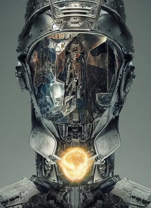 Image similar to portrait of futuristic king arthur knight cyborg, kintsugi, x - ray, steam and cyberpunk, modern fine art, fractal, intricate, elegant, highly detailed, digital photography, subsurface scattering, by jheronimus bosch and frank miller and greg rutkowski,