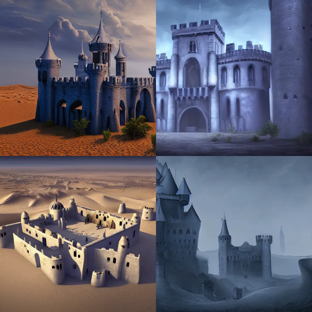 Prompt: A digital concept art painting of a dark blue medieval european ghotic castle in desert, 4K UHD image, unreal engine