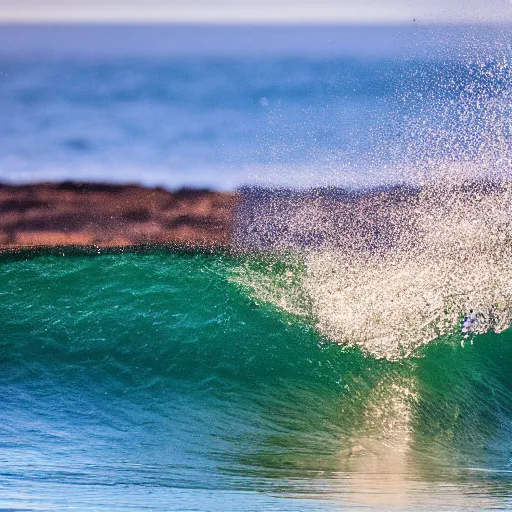 Image similar to small perfect reef point wave breaking in shallow clear water directly in front of the tilt shift camera view hollister ranch offshore winds kelp islands on horizon oil dereks on horizon late afternoon fall time central california