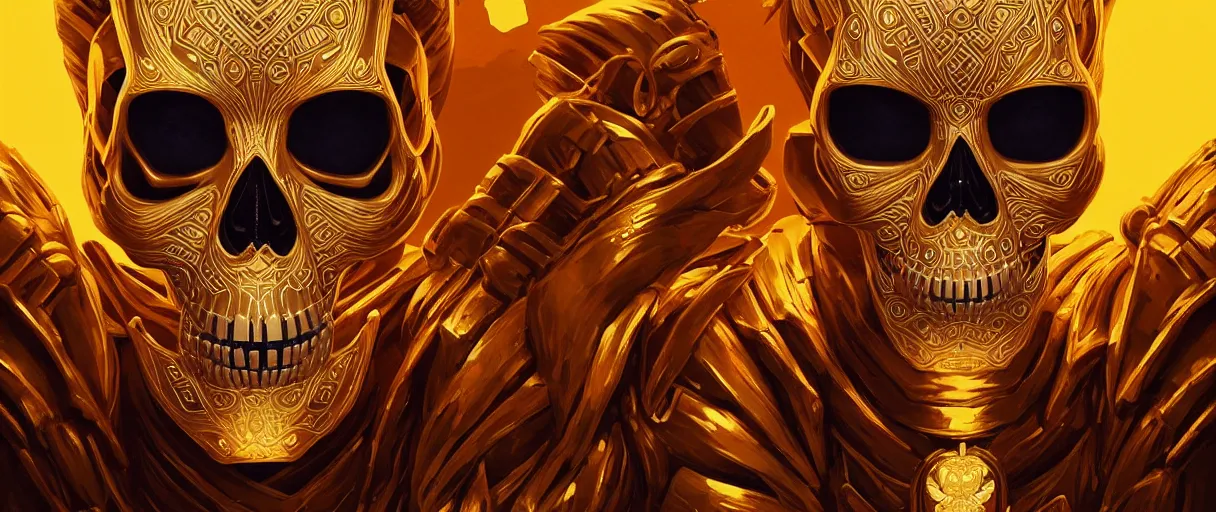 Image similar to symmetry!! portrait of a golden! skull trooper from fortnite, intricate, elegant, highly detailed, digital painting, artstation, concept art, smooth, sharp focus, illustration, art by artgerm and greg rutkowski and murakami