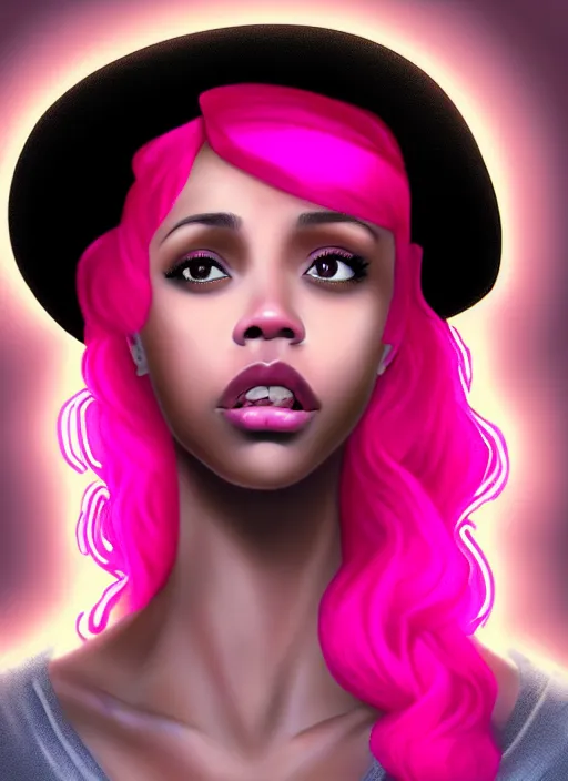 Prompt: portrait of teenage vanessa morgan with bright pink hair, black girl, vanessa morgan, curly pixie cut hair, wearing newsboy cap, pink pixie haircut, newsboy cap, hoop earrings, intricate, elegant, glowing lights, highly detailed, digital painting, artstation, concept art, smooth, sharp focus, illustration, art by wlop, mars ravelo and greg rutkowski