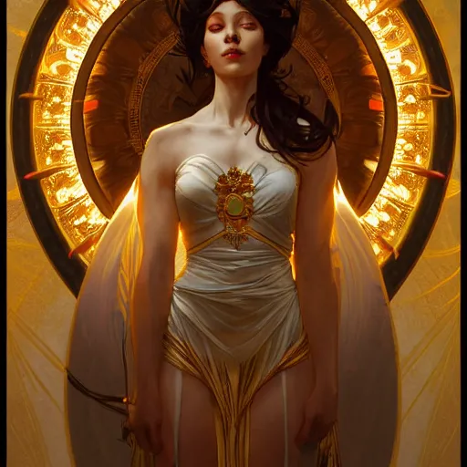 Image similar to sun goddess, surrounded by light, artstation, highly detailed, elegant, by artgerm and greg rutkowski and alphonse mucha