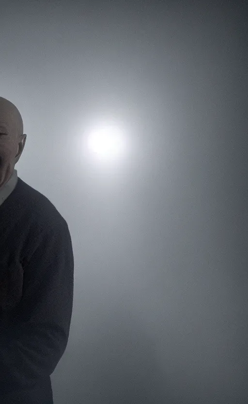 Image similar to Patrick Stewart as Professor X, backlit lighting, atmospheric fog