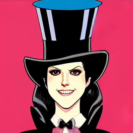 Prompt: beautiful Anna Kendrick Zatanna DC Comics on stage, wearing a top hat, symmetrical face symmetrical eyes, smiling, intricate details, atmospheric, art by eiichiro oda, Joshua Middleton art