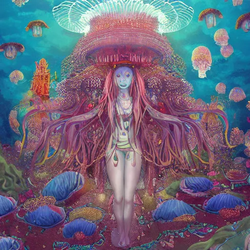 Image similar to A painting of priestesses worshipping at the jellyfish temple, shrouded in mist, jellyfish god, jellyfish priestess, jellyfish shrine maiden, 8K, illustration, art by Kyuyong Eom, smoke, undersea temple with fish, cinematic, insanely detailed and intricate, hypermaximalist, elegant, super detailed, award-winning, magenta and crimson and cyan, rainbow accents, iridescence, bioluminescence, mysterious, ancient, ritual, trending in cgsociety, artstation HQ, ornate, elite, haunting, matte painting, beautiful detailed, insanely intricate details, dreamy and ethereal, otherworldly