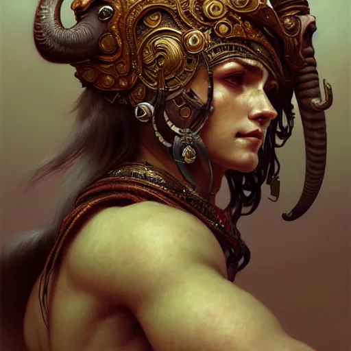 Prompt: A portrait of humanoid elephant barbarian, fantasy, intricate, elegant, highly detailed, digital painting, artstation, concept art, smooth, sharp focus, illustration, art by Krenz Cushart and Artem Demura and alphonse mucha