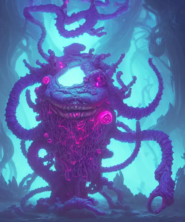 Prompt: a xanathar made of bioluminescence slimy skin, fantasy, elegant, crisp 8 k line art, digital painting, artstation, unreal engine, octane render, emissive lighting, concept art, matte, sharp focus, hyper realistic lighting, illustration, deep royal blue and pink color scheme, art by koyoharu gotouge