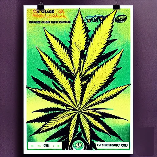 Prompt: psychedelic poster nineteen sixties cannabis giant green ganja plant nugs buds hemp leaf pot leaf cannabis marijuana
