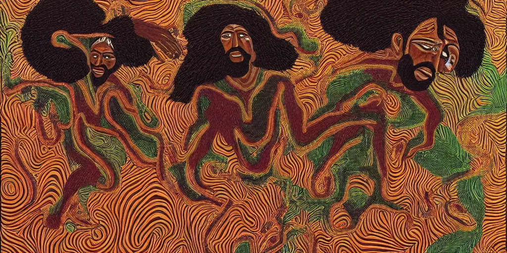 Image similar to an abstract tropical landscape, portrait of a hirsute dark - skinned greek god dancing. 2 4 mm, photorealistic, muted color scheme, directed by mati klarwein