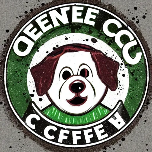 Image similar to green circular coffee shop logo, depicting ugly and dirty dog in center, horror movie dog