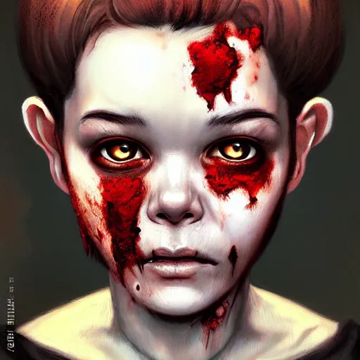 Image similar to head portrait of fresh faced young bjork as a zombie, 7 days to die zombie, gritty background, fine art, award winning, intricate, elegant, sharp focus, cinematic lighting, digital painting, 8 k concept art, art by michael hussar, art by brom, art by guweiz and z. w. gu, 8 k