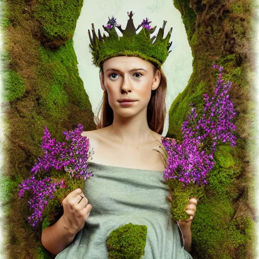 flowers grow from her crown, moss fills the gaps in Stable Diffusion