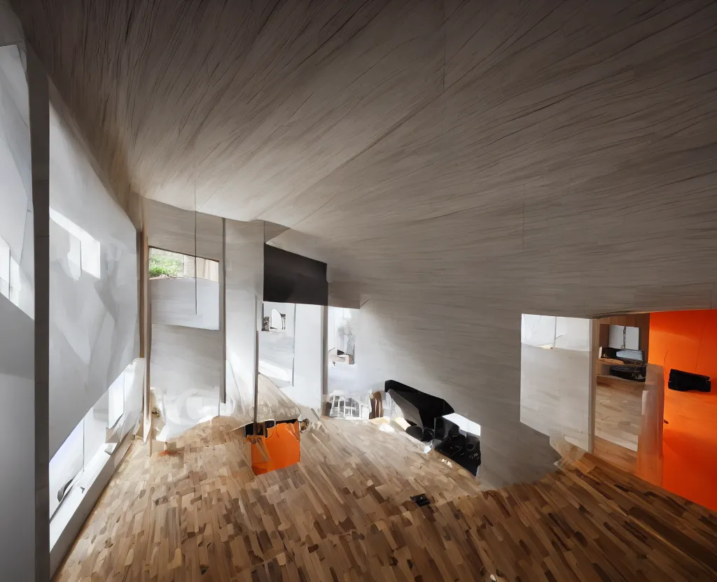 Prompt: real estate photo of the interior of a futuristic japanese house, dramatic lighting, black and orange colour palette, wide angle shot