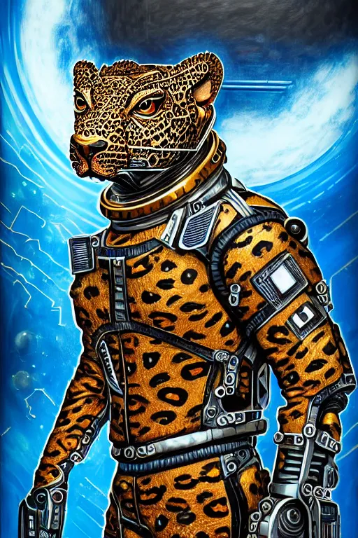 Image similar to a portrait of a muscular anthropomorphic cyberpunk leopard lizard with big head in spacesuit armor with ensignia on chest plate by sandra chevrier, by jon foster, detailed render, pistol in holster, tape deck, epic composition, cybernetics, 4 k realistic, cryengine, realistic shaded lighting, sharp focus, masterpiece, by enki bilal