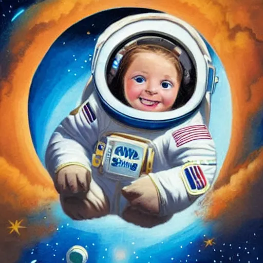 Image similar to a cute little girl with a round cherubic face, blue eyes, and short wavy light brown hair smiles as she floats in space with stars all around her. she is an astronaut, wearing a space suit. beautiful cartoon painting with highly detailed face by axel scheffler and greg rutkowski