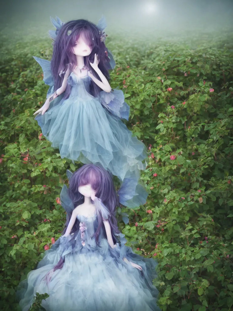 Image similar to cute fumo plush girl among vines in the middle of a foggy rose garden under a blue sky, beautiful glowing ethereal gothic magical wraith fairy girl with dark eyes, tattered dress, bokeh, vray
