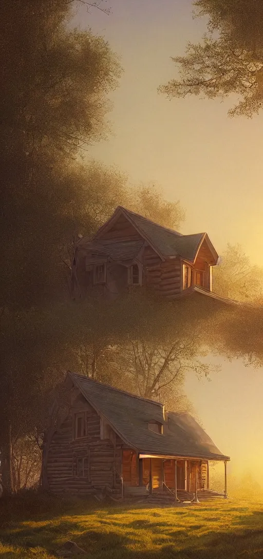 Image similar to a highly detailed epic cinematic concept art CG render digital painting artwork: small family cabin House, modern archetecture, excessove vegetation, foggy, dreamy, golden hour sunset By Greg Rutkowski, in the style of Francis Bacon and Syd Mead and Norman Rockwell and Beksinski, open ceiling, highly detailed, painted by Francis Bacon and Edward Hopper, painted by James Gilleard, surrealism, airbrush, Ilya Kuvshinov, WLOP, Stanley Artgerm, very coherent, triadic color scheme, art by Takato Yamamoto and James Jean