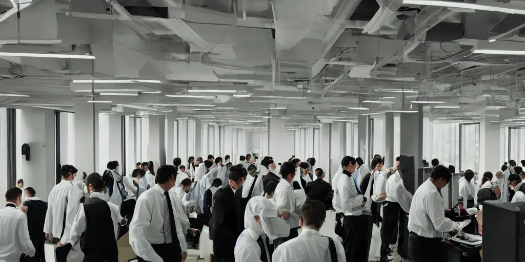 Prompt: a large office filled with hundreds of depressed workers in suits working in their cubicles, low angle, dramatic lighting