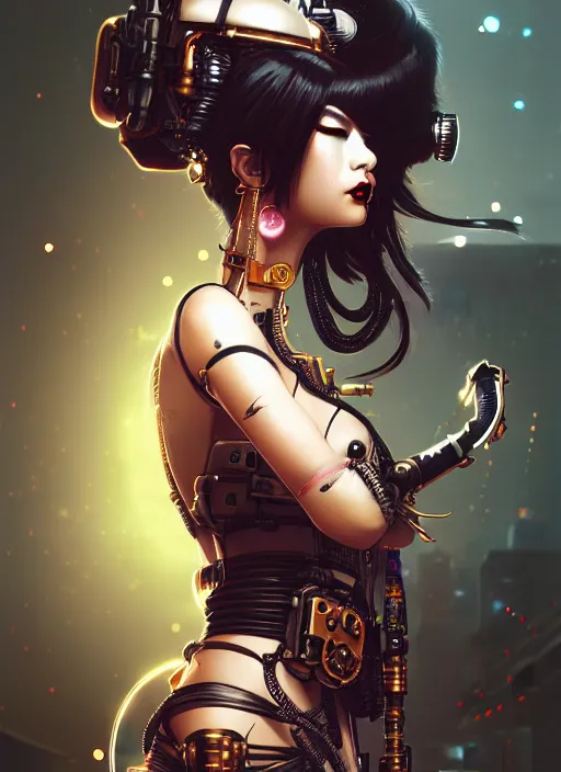 Image similar to soft lustrous ebony geisha seductive raver gutter punk steampunk cyborg, yakuza, golden ratio, details, scifi, fantasy, cyberpunk city, intricate, decadent, highly detailed, octane render, digital painting, artstation, concept art, sharp focus, illustration, art by artgerm, loish, wlop