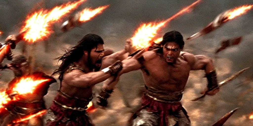 Prompt: epic battle screen of hero, film still from the movie'3 0 0'( 2 0 0 6 )