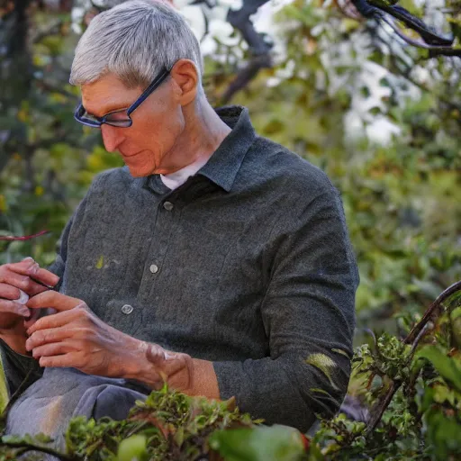 Image similar to tim cook eating an apple below an apple tree, cinematic digital art