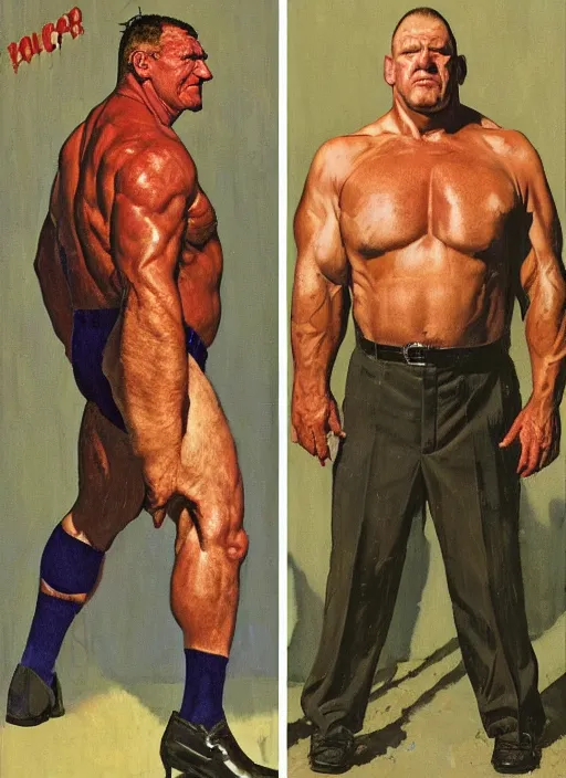 Prompt: full body and head portrait of dorian yates as kingpin, painted by norman rockwell and phil hale and greg staples and tom lovell and frank schoonover and jack kirby