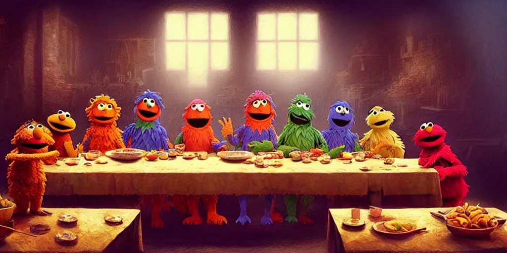 Image similar to sesame street last supper by greg rutkowski, digital painting, trending on artstation, sharp focus, 4 k