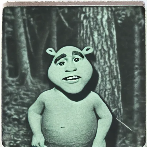 Prompt: 1 9 6 0's old polaroid of shrek staring from the depths of the dark gloomy forest, photorealistic, grainy, found footage, old film, low quality, horror, creepy, unsettling, liminal, strangely terrifying