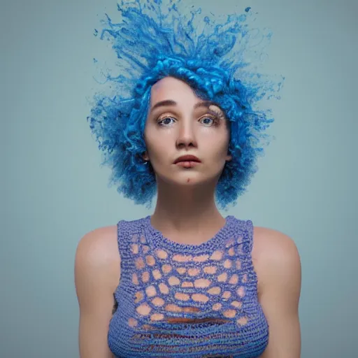 Image similar to A woman with blue hair wearing a crocheted crop-top, photorealistic portrait