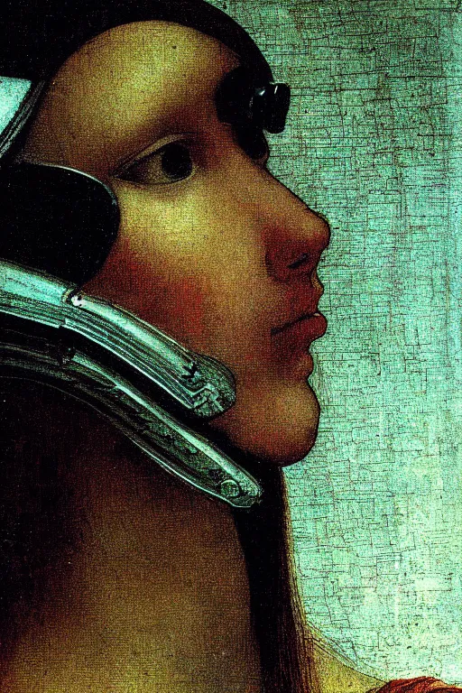 Image similar to a close - up portrait of a cyberpunk cyborg girl, by leonardo davinci, rule of thirds