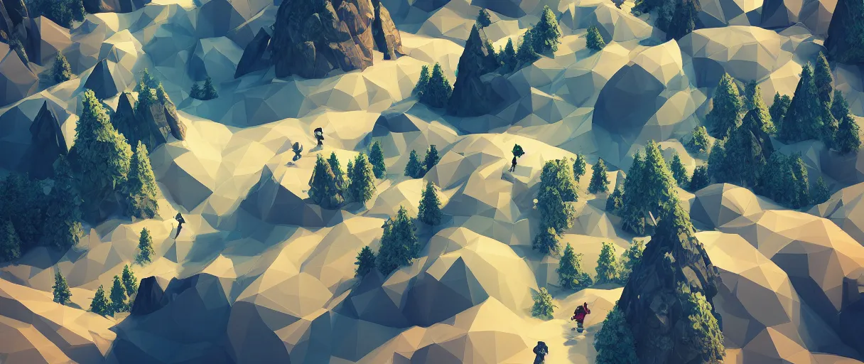 Image similar to 3 d render, mountain landscape, digital art, low poly art, minimalist, journey game, lowpoly landscape, intricate detail, whimsical, unreal engine, dreamy, brush strokes, bounce light, sunny, complementary palette, redsinski