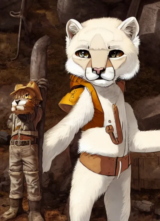 Image similar to character portrait of a (((anthro))) albino mountain lion wearing miner's clothes at the mines. hidari, color page, tankoban, 4K, tone mapping, Akihiko Yoshida.