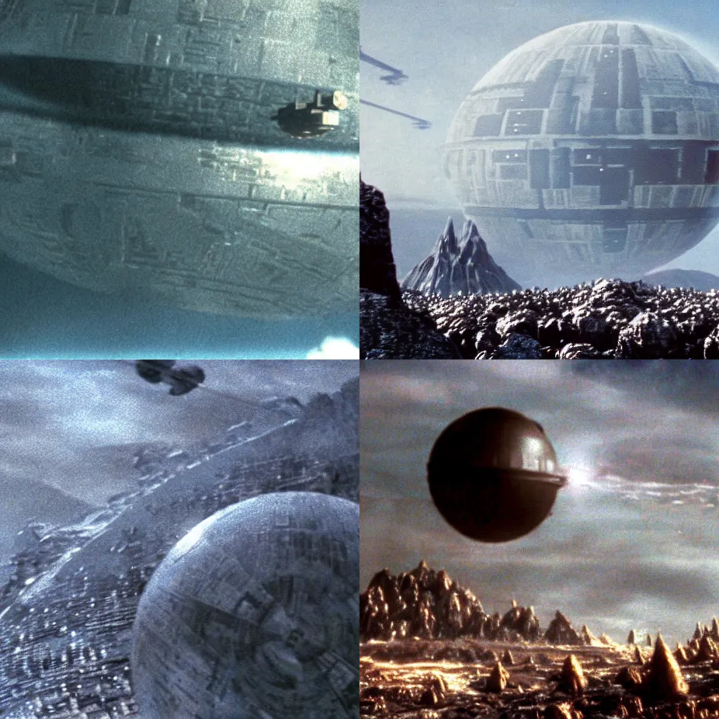 Prompt: The Death Star flying over Mordor, film still from LotR: Return of the King