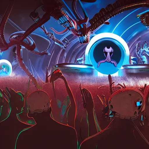 Prompt: Concept art of Xenomorph playing DJ in Tomorrowland. Lots of humans in landscape. Intricate. Elegant details. 4K