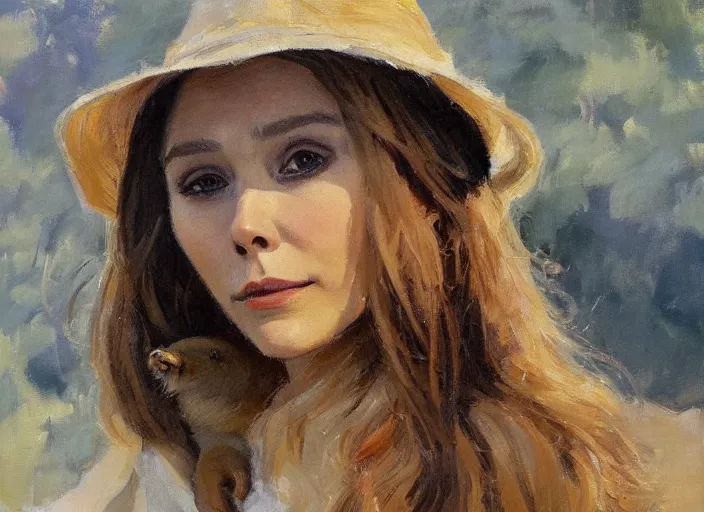 Prompt: a highly detailed beautiful portrait of elizabeth olsen with a capybara, by gregory manchess, james gurney, james jean