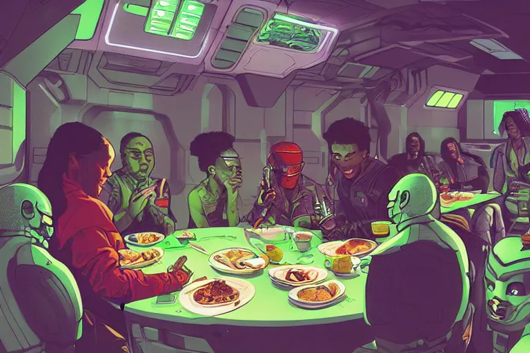 Prompt: asian people and black people and green - skinned humanoids eating breakfast aboard a cyberpunk spaceship, by josan gonzalez